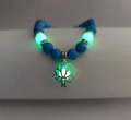 Sky blue turquoise bead yoga bracelet with luminous green lotus charm and glow beads - Navy Blue Turquoise Green Glow