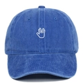 Detail of palm gesture white embroidery on washed blue denim cotton baseball cap - Adjustable / Sapphire Blue