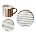 Japanese ceramic mug set with retro blue-grey stripes including matching plates - Three-Piece Set / Blue