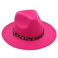 Detail of rose red fedora hat with leopard print band and golden metal buckle - Rose Red