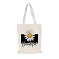 Daisy print canvas tote bag in off-white finish with Beautiful cursive lettering - Daisy-Beautiful
