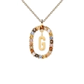 Detail of gold letter G necklace pendant with colorful zircon stones on white background - Letter G