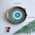 Handwoven round rattan tray with blue mosaic flower inlay and wooden handles, 24cm size - Blue Heart / Medium 24x3cm