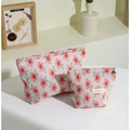 Two-piece floral knit cosmetic bag set in beige with pink flower patterns and zip closure - Large Size (26*5*18cm) / Pink Flower