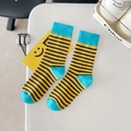 Vibrant striped cotton crew socks for men and women featuring yellow, black, and blue accents - One Size / Bee Stripes