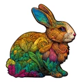Irregular wooden puzzle featuring a vibrant rabbit shape with colorful artistic patterns - S / Rabbit - Plastic Box
