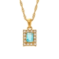 Goldene Wasserketten-Halskette mit rechteckigem hellblauem Zirkonia-Anhänger und Halo - Quadratischer Zirkonia-Anhänger mit Wasserwellenkette / Blau