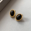 French vintage gold plated oval stud earrings with black onyx and twisted rope frame - Earrings-Black
