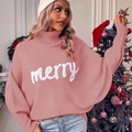 Pull de Noël rose à col montant pour femme avec imprimé merry et maille décontractée - S / Rose