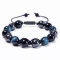 10mm Blaues Tigerauge und Hämatit Perlenarmband mit verstellbarem geflochtenem Band - Himmelblaues Tigerauge + Schwarzer Achat + Hämatit
