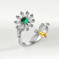 Adjustable silver spinner flower ring with green gemstones and yellow insect detail - Adjustable Open / White Gold Green Flower (NJ1047)