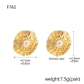 Macro detail of gold-plated stainless steel ripple earrings with faux pearl and measurements - Gold Round Artificial Pearl Stud Earrings (F762)