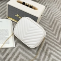 Elegant white quilted camera bag with V-pattern and a sleek gold chain strap. - Off White