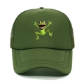 Detail of army green trucker hat featuring a breathable mesh back and cartoon frog print - Army Green