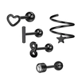 5-teiliges Set aus schwarzen Edelstahl-Ohrsteckern mit Zirkonia in Herz- und Sternformen - Set 6 (Schwarz/Herz/Helix Stern/Gebohrt)