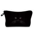 Detailed view of black cat toiletry bag featuring vibrant green eyes and sturdy zipper strap - Green Eye Whiskers Black Cat