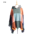 Plaid knitted hooded poncho with fringes in orange, green, and blue color blocks - 01# Dark Green Orange