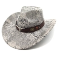 Western cowboy hat with snake skin pattern, wide brim and metal bull head accessory - M (56-58cm) / Snake Pattern Grey