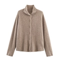 Front view of classic camel knit cardigan with turn-down collar and tonal buttons - S / Camel