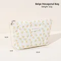 Beige floral mesh makeup bag with lace details and dimensions for daily skincare storage - Hexagonal Bag / Beige