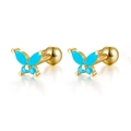 925 silver butterfly stud earrings in gold with turquoise stones and screw back ball - Gold-Turquoise Zirconia