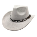 Detail of grey suede cowboy hat featuring black leather band with cross stitching and buckle - M (56-58cm) / Light Gray