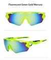 Front and side view of fluorescent green sports sunglasses with gradient blue-gold lenses - Fluorescent Green Frame / Gold Mirror Lens