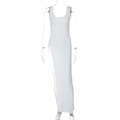 Detail view of white bodycon maxi dress featuring a sleeveless U-neck design and high side slit - S / White