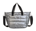 Glossy silver quilted crossbody bag with striped webbing handles and black shoulder strap - Striped / Gray