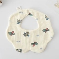 Cotton muslin baby bib with cartoon airplane pattern and wave edge in off-white - Gauze Flower Scarf - Toy Airplane