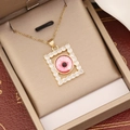 18K vergoldete Kupferkette mit quadratischem rosa Augen-Anhänger und Zirkonia-Inlay - Rosa Auge Stil (4#)