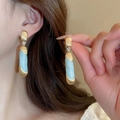 Matte gold drop earrings featuring light blue marble pendants and crystal accents - 30# Matte Gold Rhinestone Blue Marble Dangle Earrings