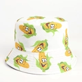 Close-up of funny cartoon corn pattern print on a white double-sided cotton bucket hat - Corn