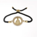 Adjustable black cord bracelet with a gold Virgin Mary pendant and CZ crystal halo - Black Milan Rope