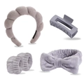 Detailed set of grey plush headband, bow, wristbands and a matte plastic hair claw clip - Grey 5pcs Set (Headband, Hair Clip, Scrunchies, Wristbands)