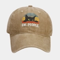 Close-up of vintage khaki canvas baseball cap featuring a black cat and 'EW, PEOPLE' text - Khaki