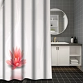 Detail of white polyester shower curtain featuring pink lotus and abstract lines - Fresh Pink Lotus
