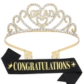 Abschlussfeier Set mit goldener Strasskrone und schwarzer Glückwunsch Schärpe - Schwarz Gold Set (Glitzerstoff)