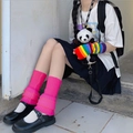 Neon pink knit leg warmers and rainbow striped arm warmers for Lolita JK fashion outfits - Rose Knitted Leg Warmers and Rainbow Arm Warmers Set / Rose Red