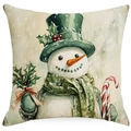 Green Christmas snowman linen pillowcase with watercolor art for sofa decor - YMD15-18 (Ink Style Snowman)