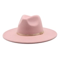 Detailed shot of pink wool fedora hat with golden textured belt and adjustable metal buckle - M (56-58cm) / Dusky Pink