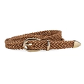 Braided women's belt in classic brown with polished golden pin buckle and pointed tip - Camel With Gold Thread