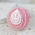 Pink glitter Christmas ball ornament with white lace embroidery and pearl beads - Lace Pink Foam Ball