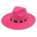 Detail of fuchsia wide brim felt hat with black leather band and silver metal studs - Rose Red