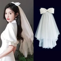 Detailed comparison of white bridal veil with bow ornament and layered tulle texture - Double Layer Bow New Style 50CM