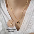 Golden titanium steel necklace with a double-sided black and white shell round pendant - Double-sided Roman Numeral Disc Pendant / Gold (44+5cm)