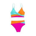 Two-piece color block bikini with orange, blue, and pink twist top and high waist bottom - S / Orange