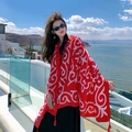 Red cotton linen beach shawl with white ethnic patterns and decorative tassels - 180*90CM / 39202-Red White Scroll