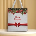 Detail of Christmas canvas handbag with pine branches, berries and red ribbon bow decor - Style 43
