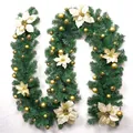 Detail of 2.7m Christmas garland with gold baubles and cream flowers on green needles - Premium Decorated Style / Gold